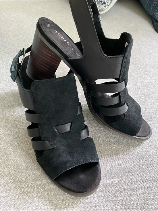 Toms Shoes - TOMS Black Suede Strappy Block Heel Sandals with Stacked Wood Heel